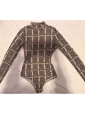 Mock-Neck Geo Print Long-Sleeve Bodysuit in Beige and Black